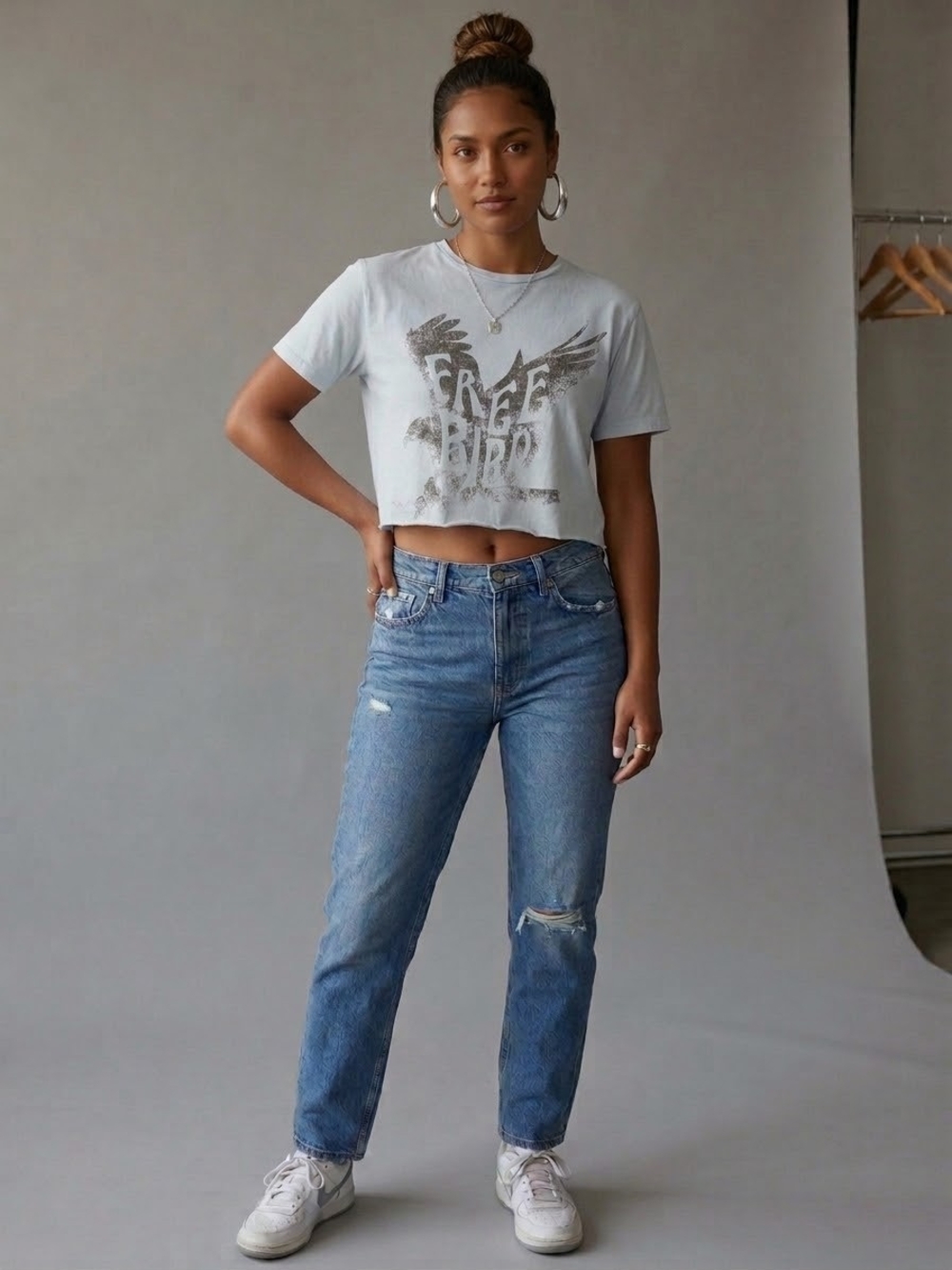 Light Blue 'Free Bird' Cropped Graphic Tee